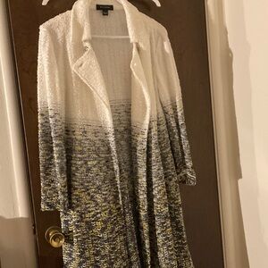 St. John Collection White to Navy & Yellow Ombre Bouclé Long Cardigan